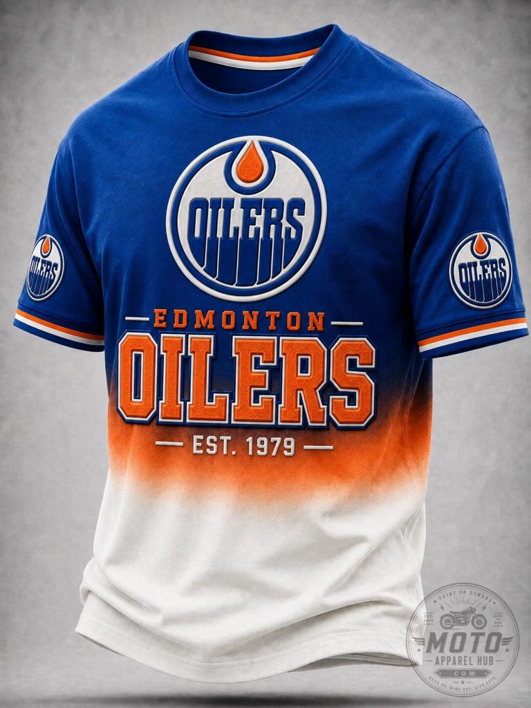 Edmonton Oilers Blue Orange White Gradient Hockey Team T-Shirt