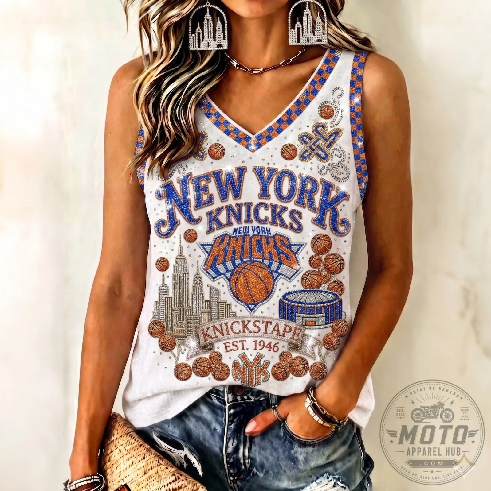 Women's V-Neck Tank Top for New York Knicks Basketball Fans