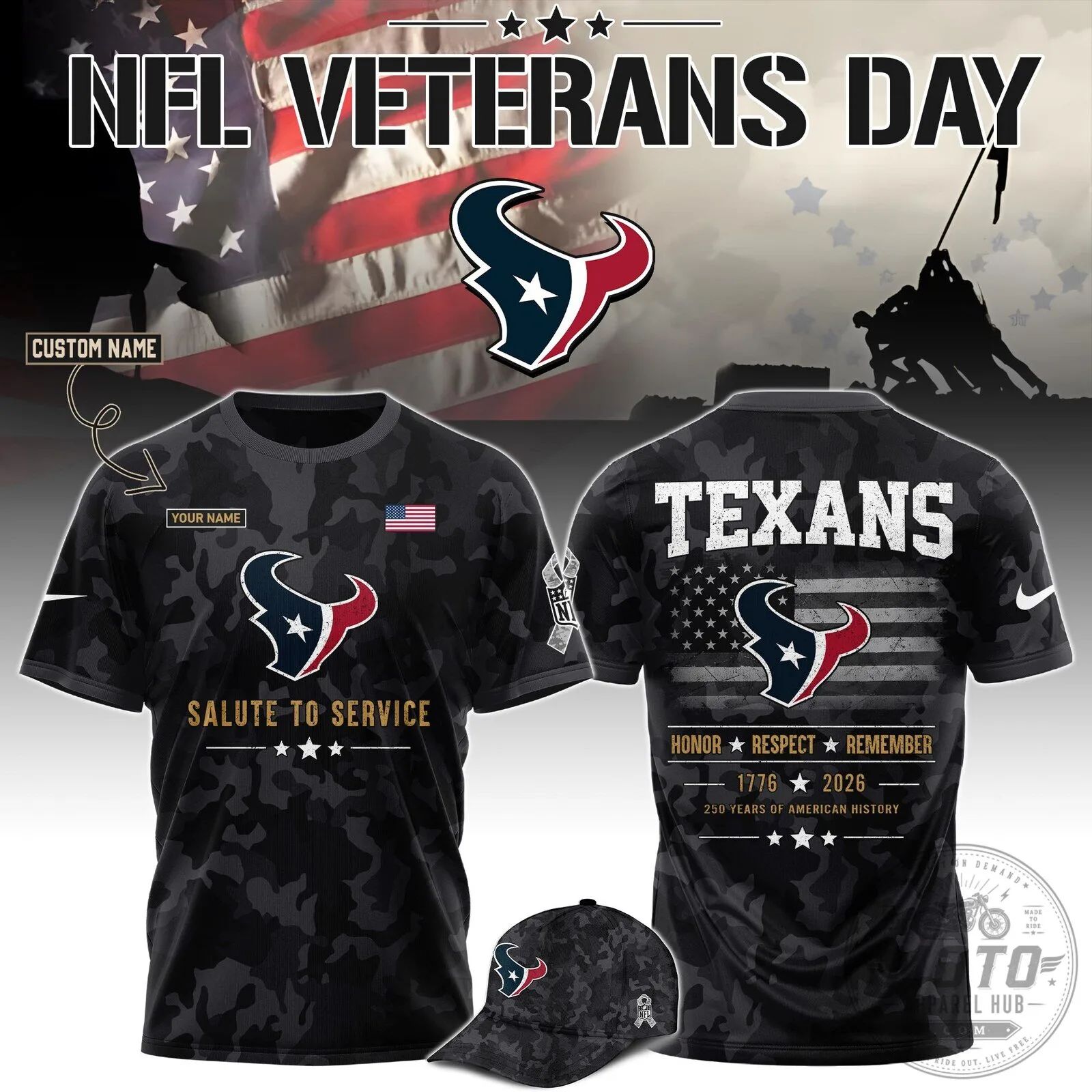 Houston Texans NFL Veterans Day Salute To Service Black Camo T-Shirt