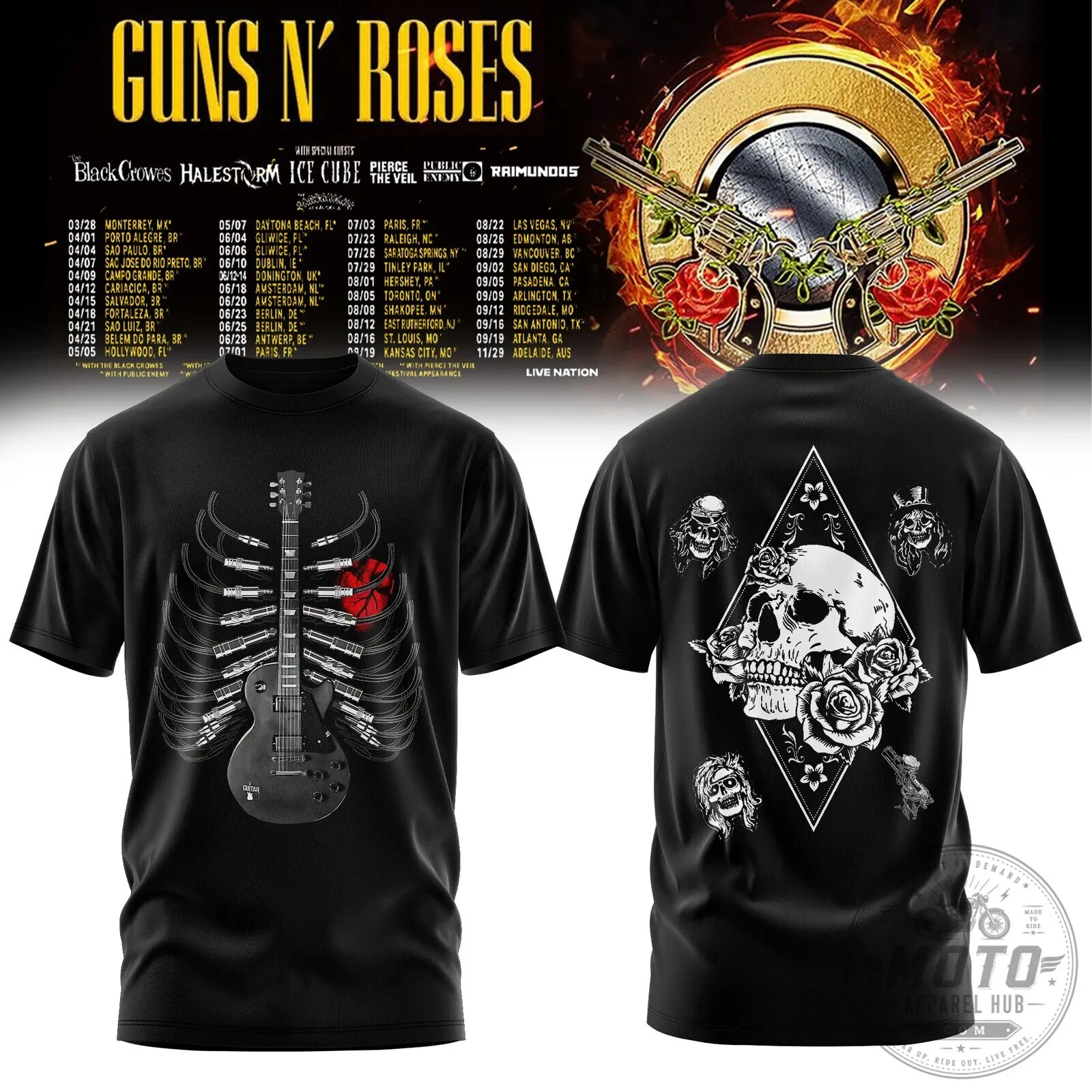 Guns N' Roses 2026 Tour Here We Go Again Skull Guitar Rib Cage T-Shirt