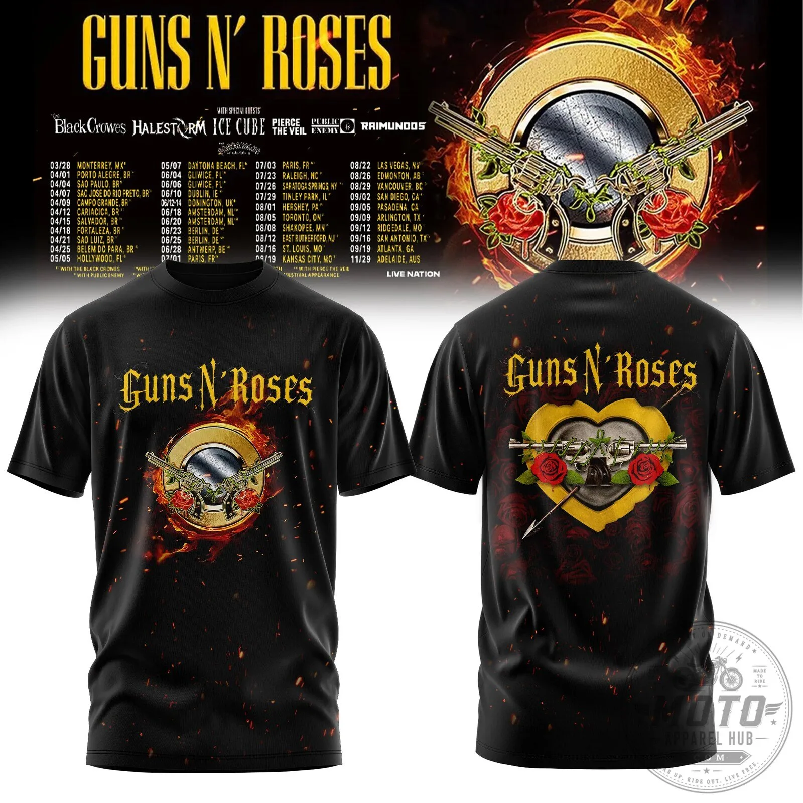 Guns N' Roses Here We Go 2026 Tour Dates Concert Black T-Shirt