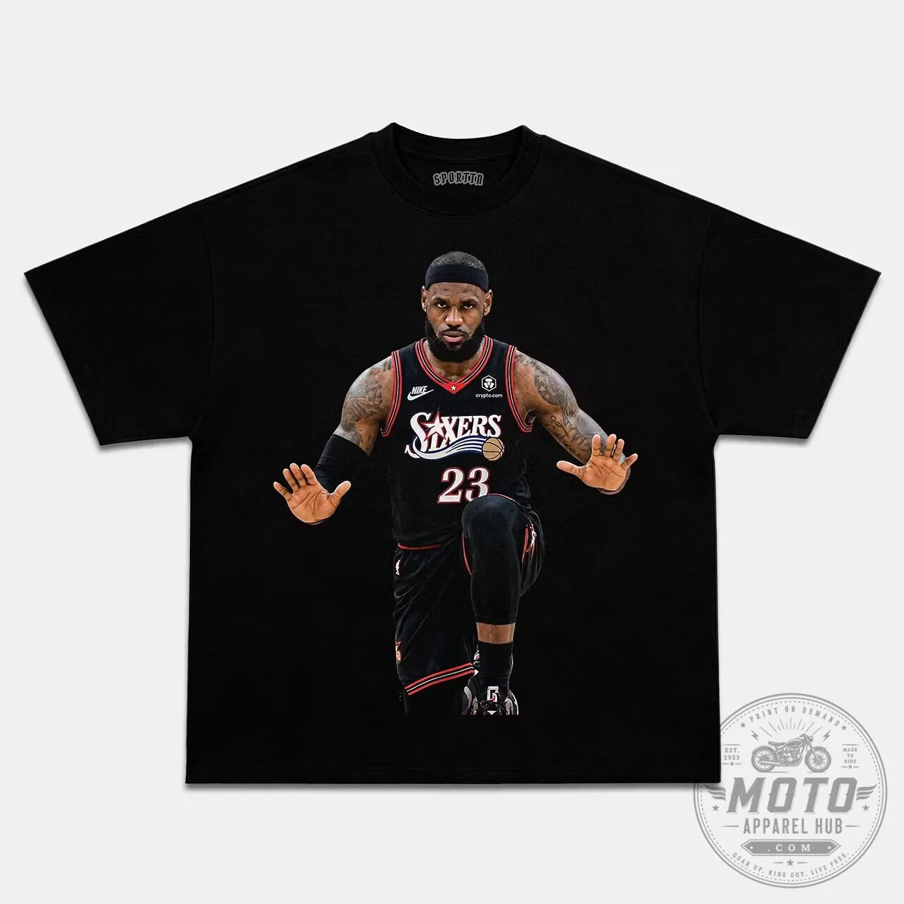 Graphic T-Shirt featuring LeBron James and Philadelphia 76ers Basketball Player Design