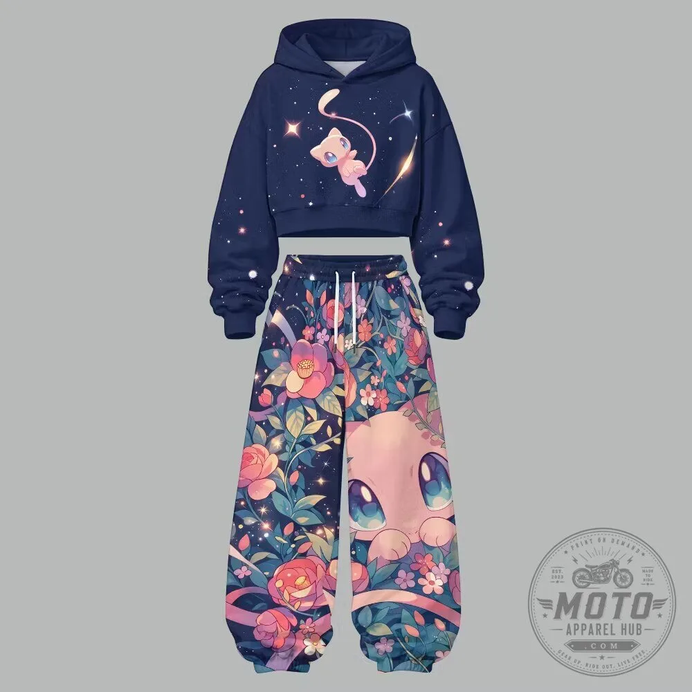 Pokemon Mew Cropped Hoodie and Floral High Waist Jogger Pants Tracksuit Set