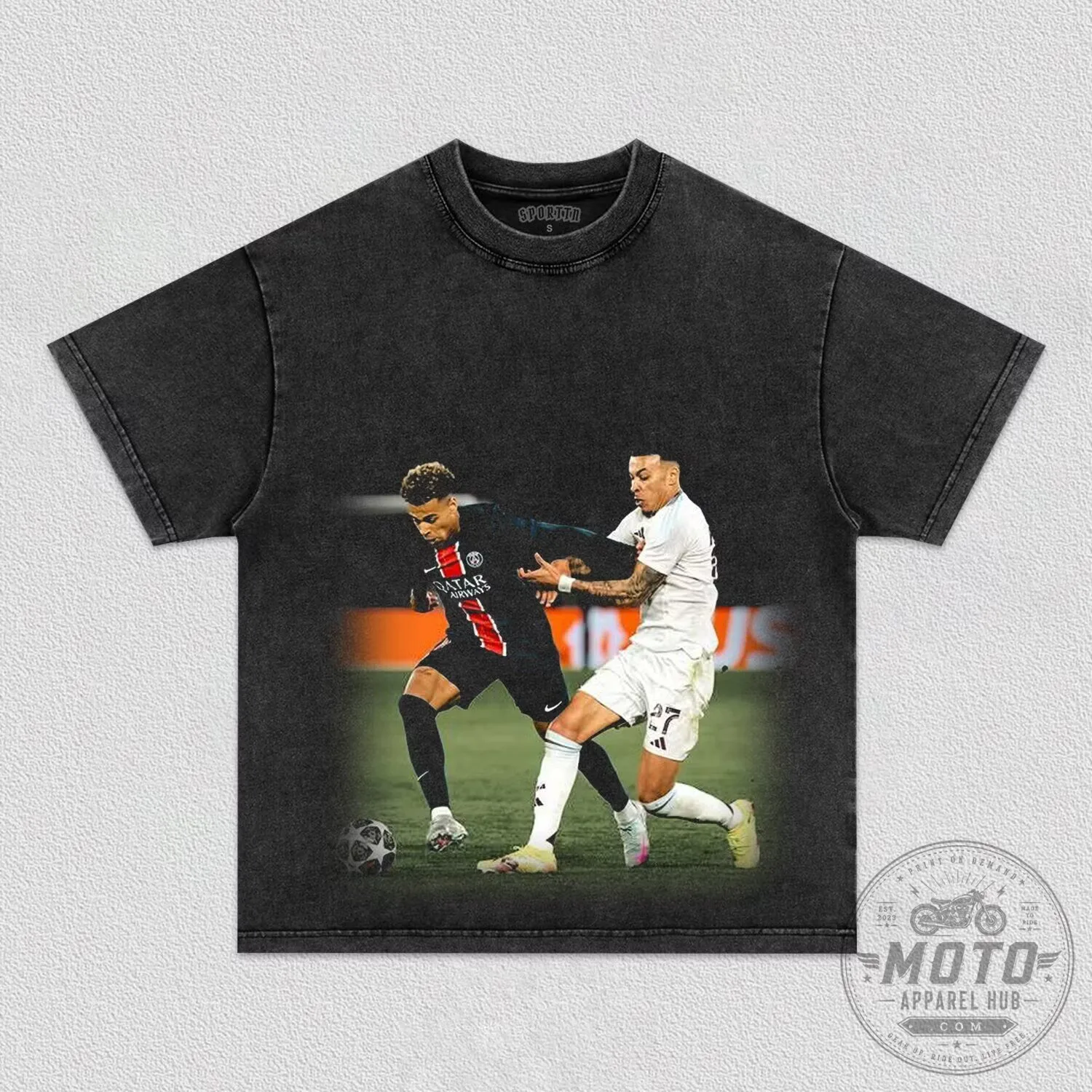 Football Match Action Scene Washed Black Graphic T-Shirt