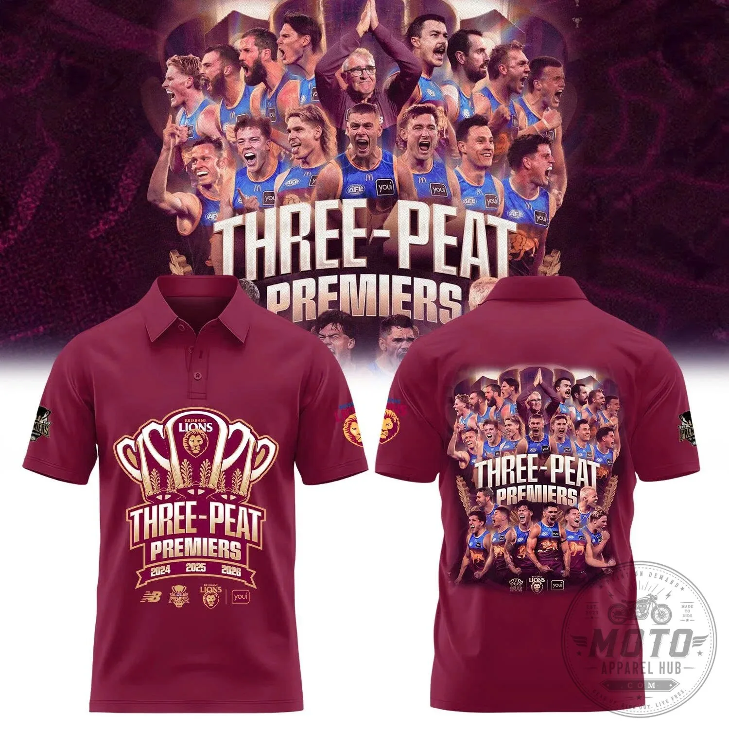 2024 2025 2026 Three-Peat Premiers Polo Shirt for Brisbane Lions Australian Football League