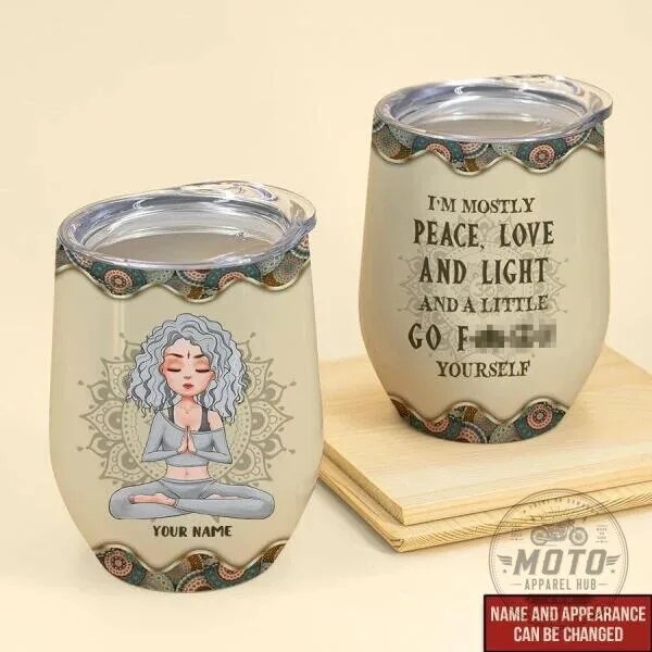 Personalized Yoga Meditation Peace Love Light Go Yourself Wine Tumbler
