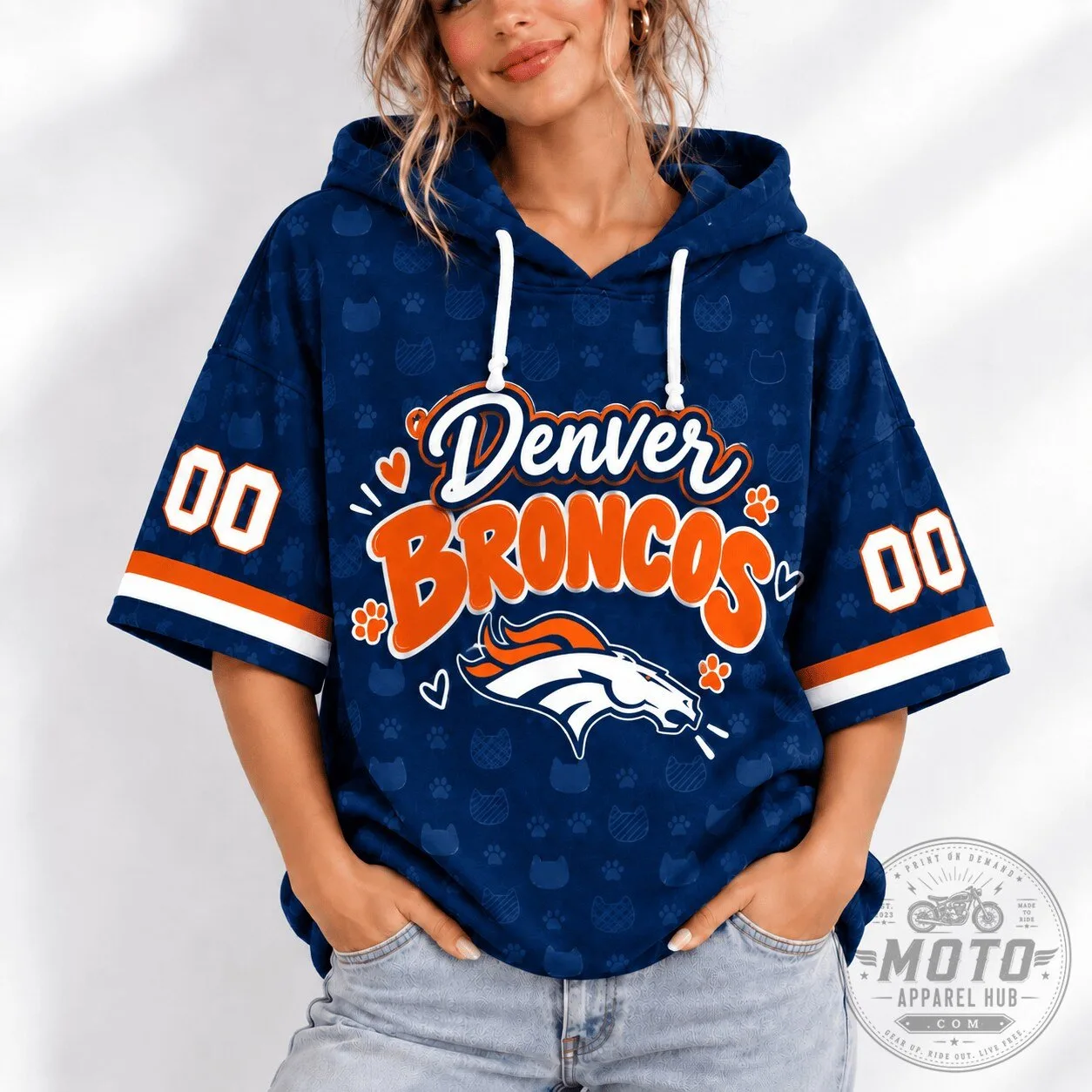 Denver Broncos Football Team Short Sleeve Hoodie for Women