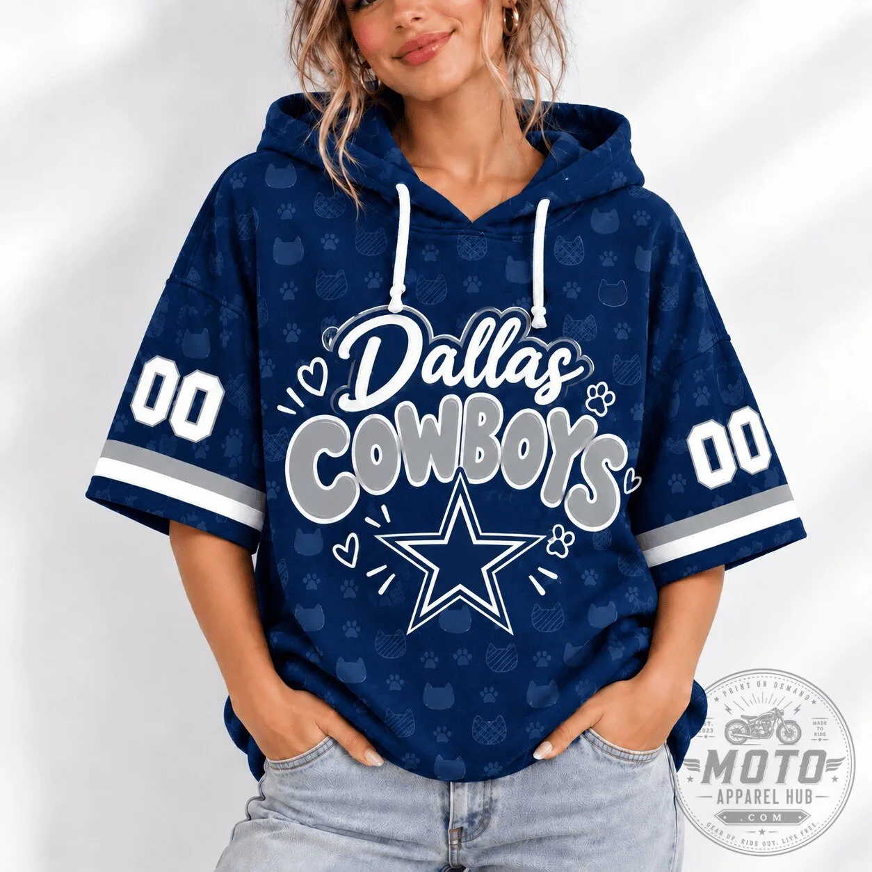 Dallas Cowboys Football Team Blue Short Sleeve Hoodie for Women