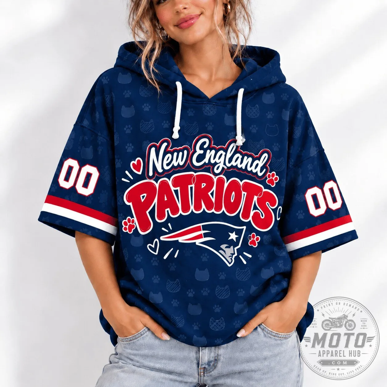 New England Patriots Football Team Short Sleeve Hoodie for Women