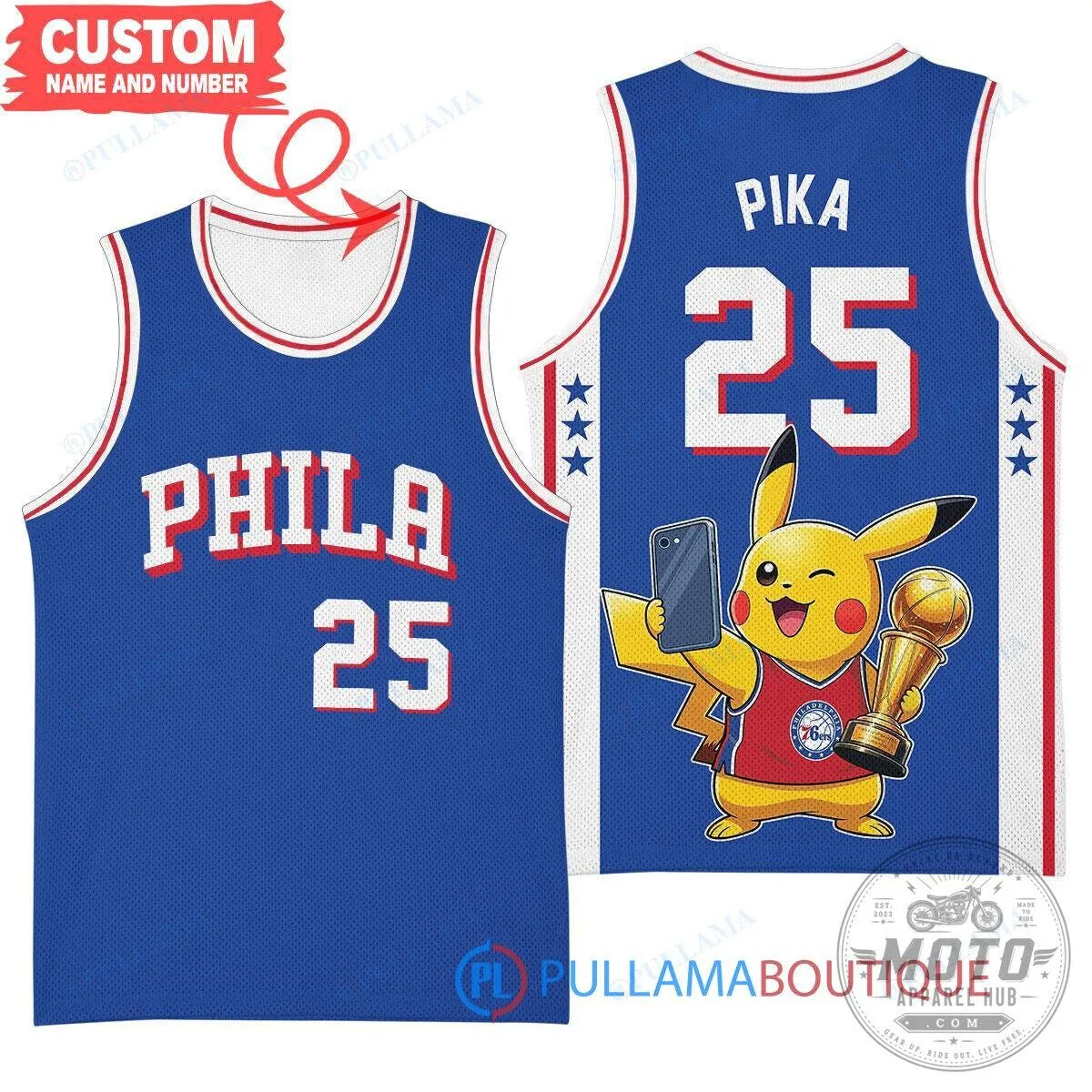Philadelphia 76ers Pikachu Basketball Jersey with Larry O'Brien Championship Trophy