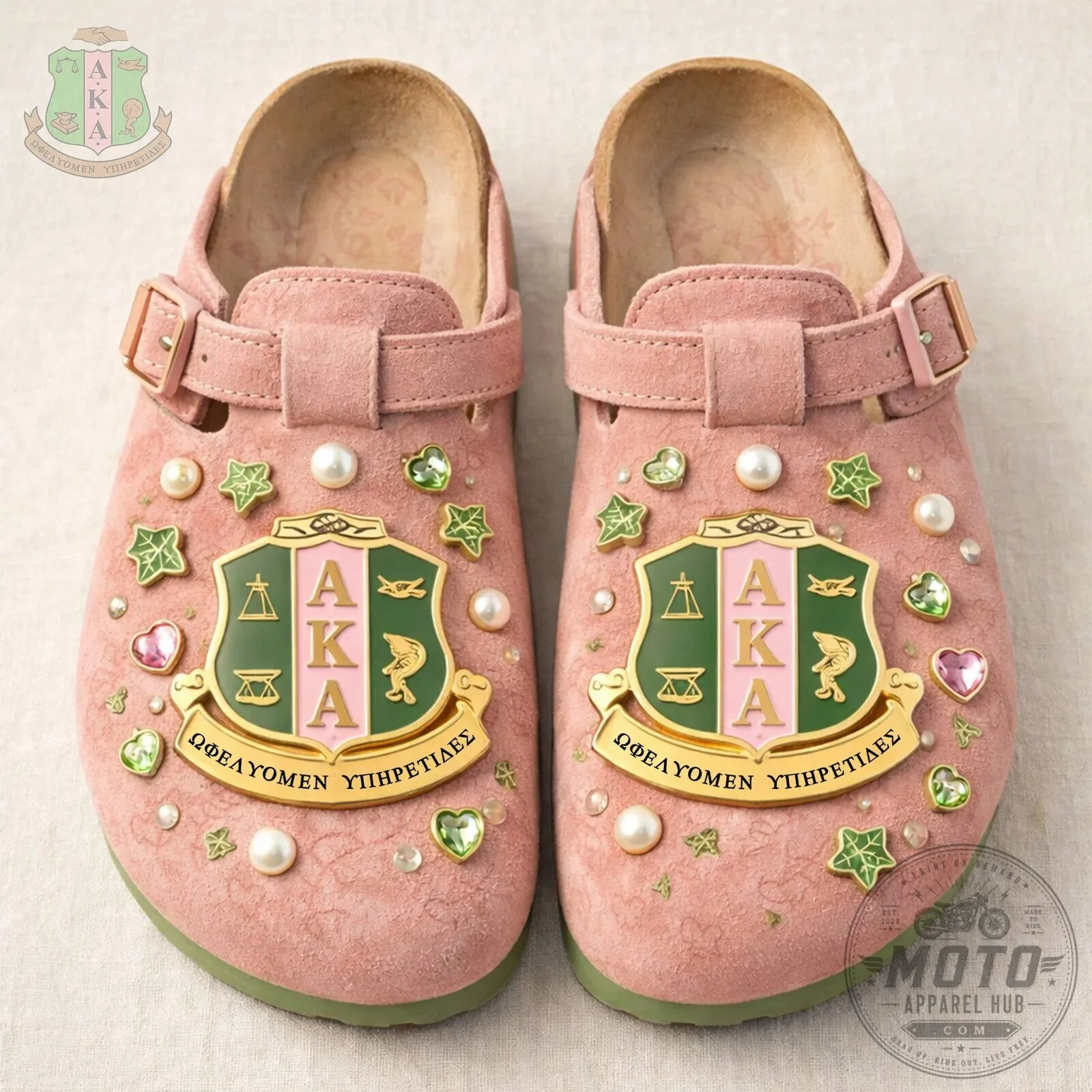 Alpha Kappa Alpha Sorority Pink Suede Clog Shoes with Pearl and Gem Accents