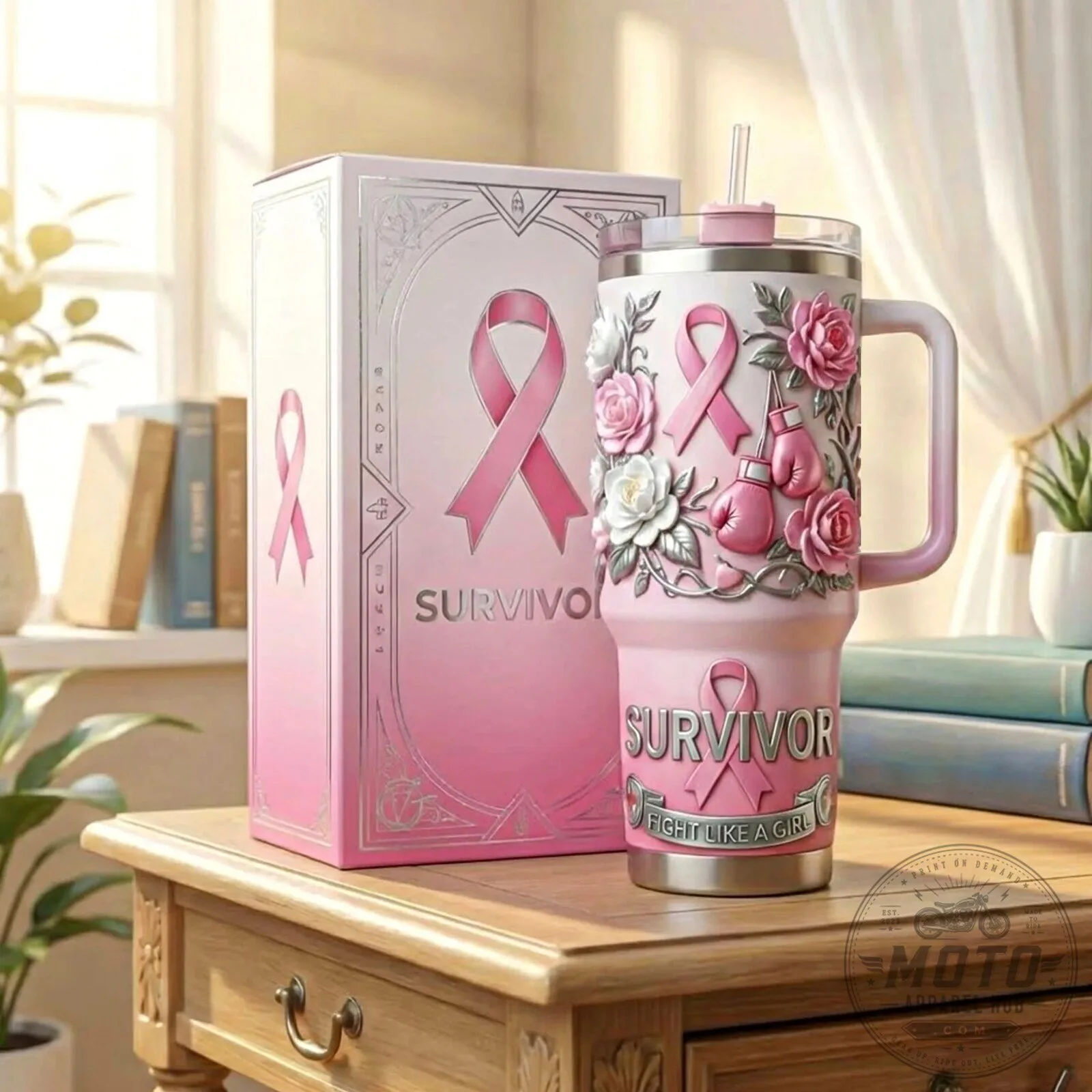 Breast Cancer Awareness Pink Ribbon Survivor Tumbler with Handle