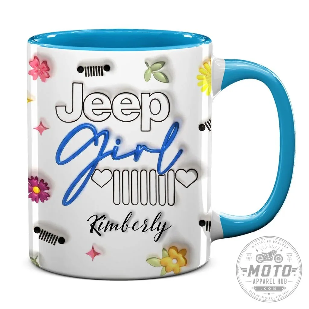 Jeep Girl Personalized Floral Coffee Mug with Blue Handle
