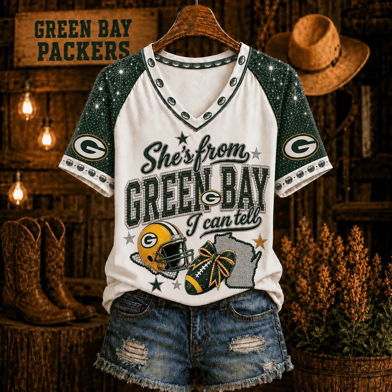 Green Bay Packers Football Team V-Neck Raglan T-Shirt for Women