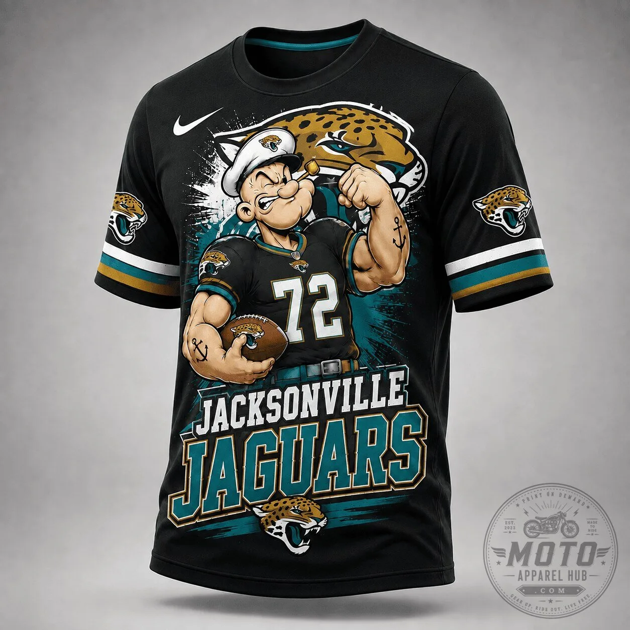 Jacksonville Jaguars Popeye Cartoon Football Fan Graphic Black T-Shirt