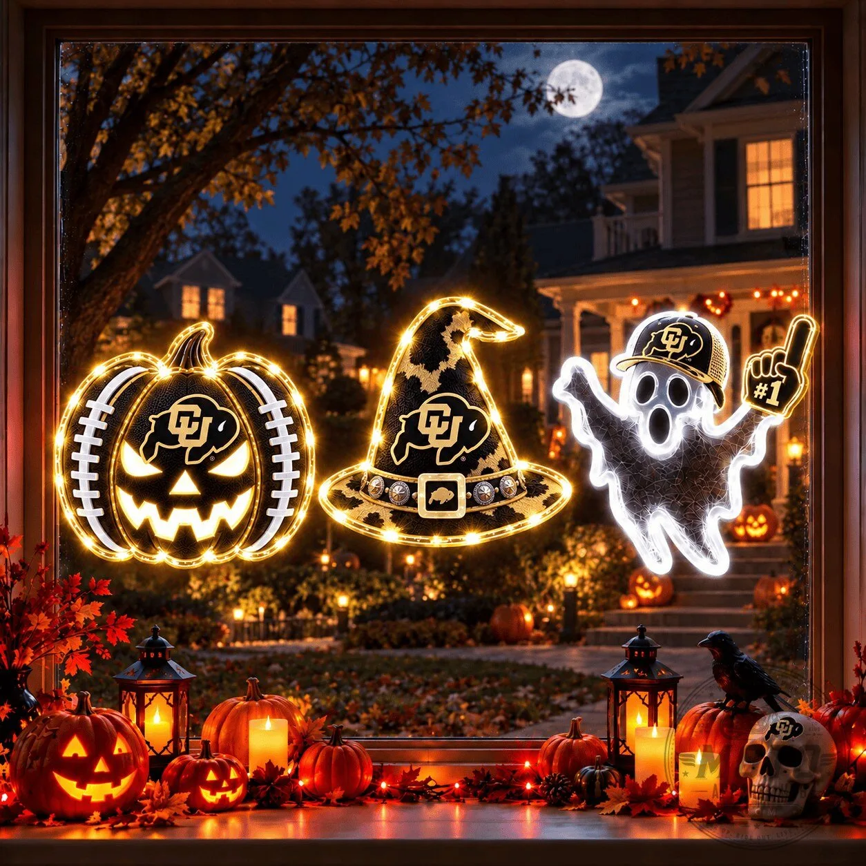 Colorado Buffaloes Halloween Pumpkin Ghost Witch Hat Window Lights