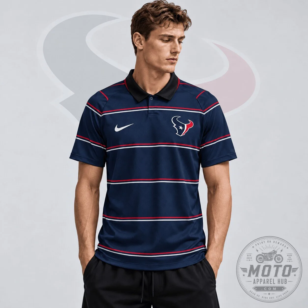 Houston Texans NFL Team Crest Classic Horizontal Stripe Performance Polo Shirt