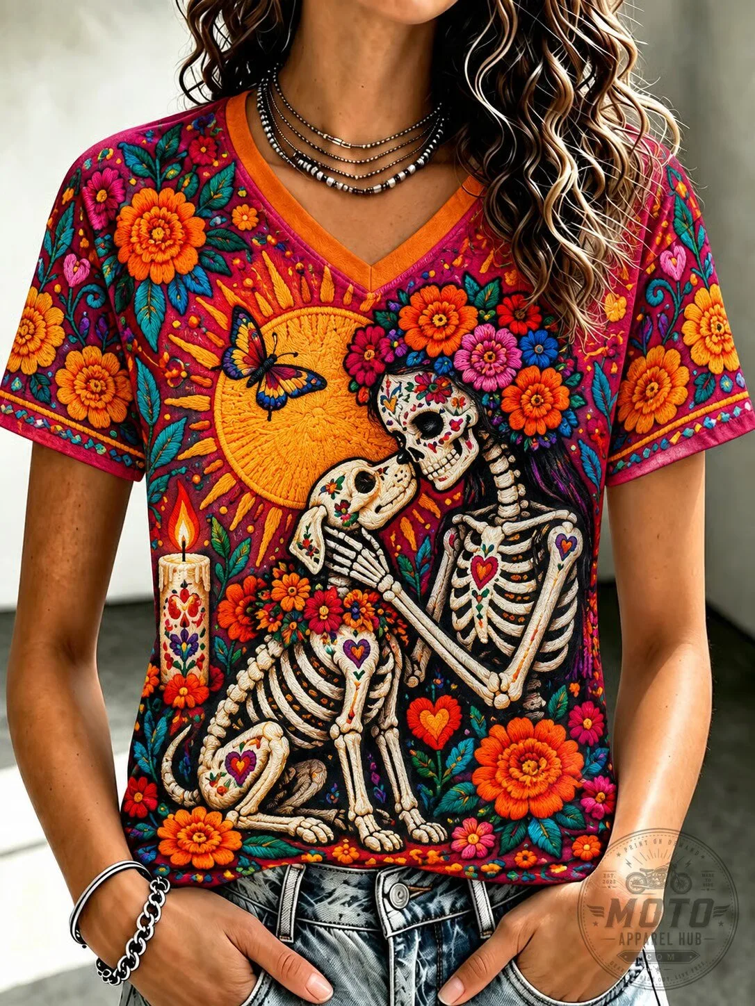 Day of the Dead Skeleton Woman and Dog Floral V-Neck T-Shirt 2 Day of the Dead Skeleton Woman and Dog Floral V-Neck T-Shirt