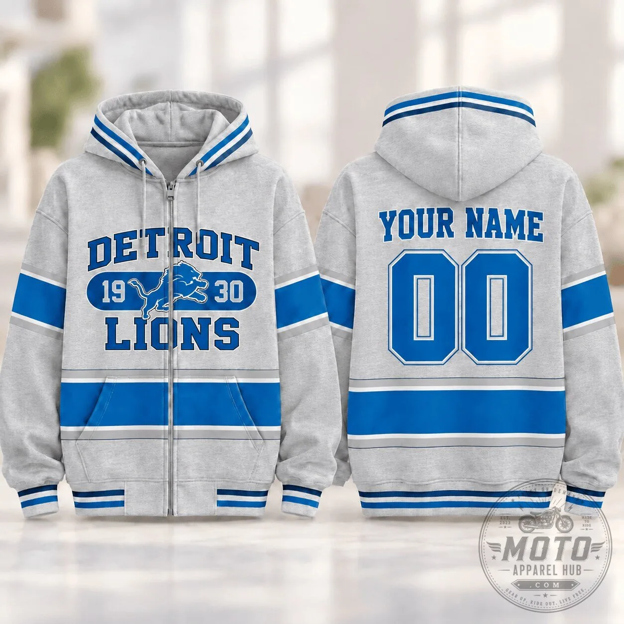 Detroit Lions NFL Varsity Stripe Full Zip Hoodie with Custom Name and Number 2 Detroit Lions NFL Varsity Stripe Full Zip Hoodie with Custom Name and Number