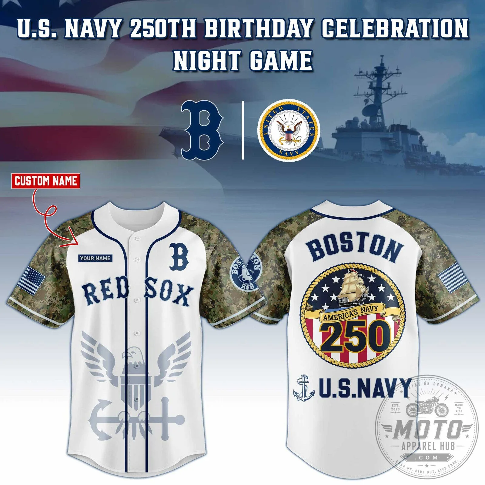 Boston Red Sox Game United States Navy 250th Birthday Celebration Baseball Jersey