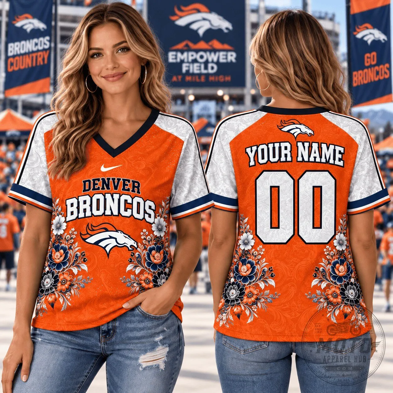 Denver Broncos Personalized 1D Fan V-Neck T-Shirt