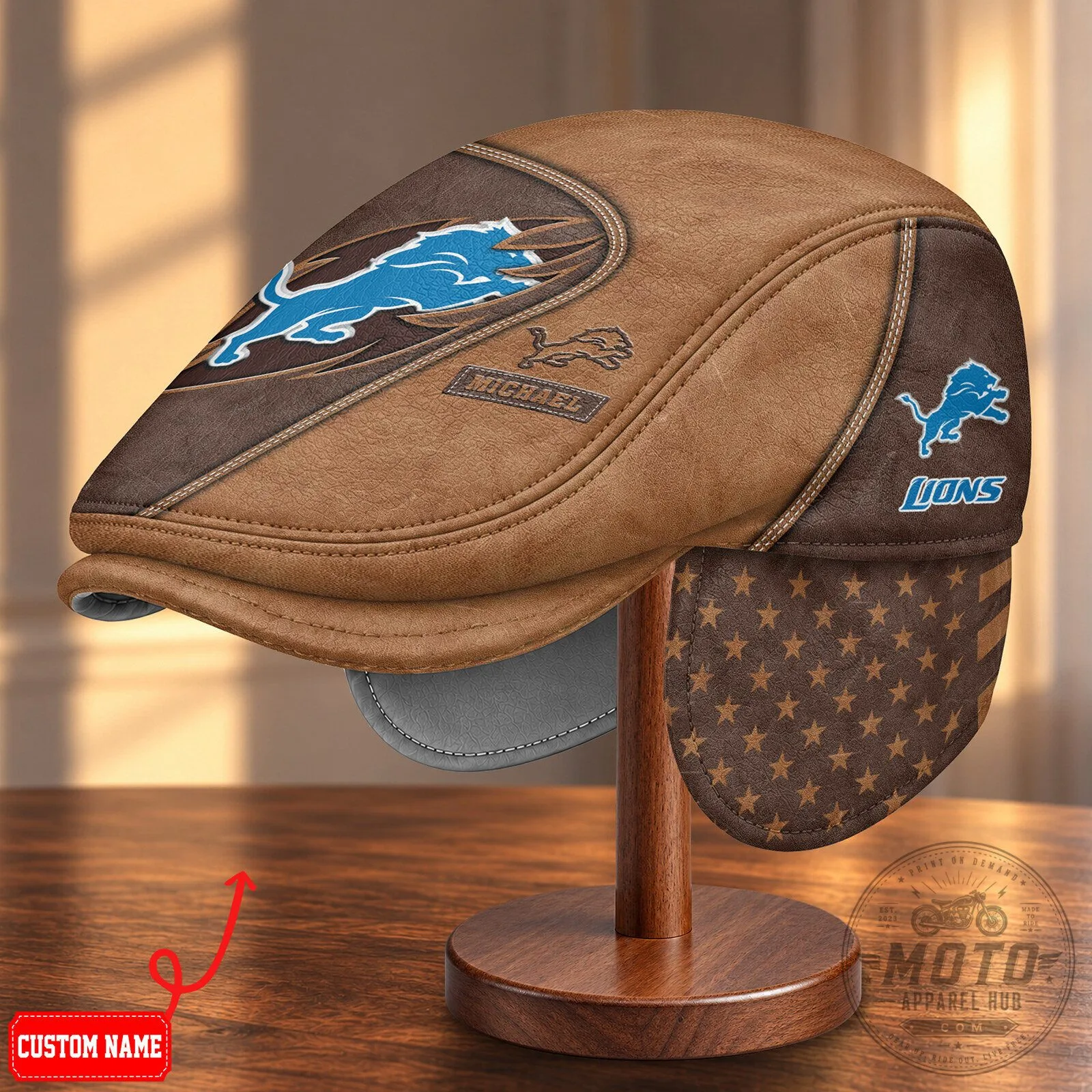 Detroit Lions NFL Flat Cap with Foldable Ear Flaps and Custom Name