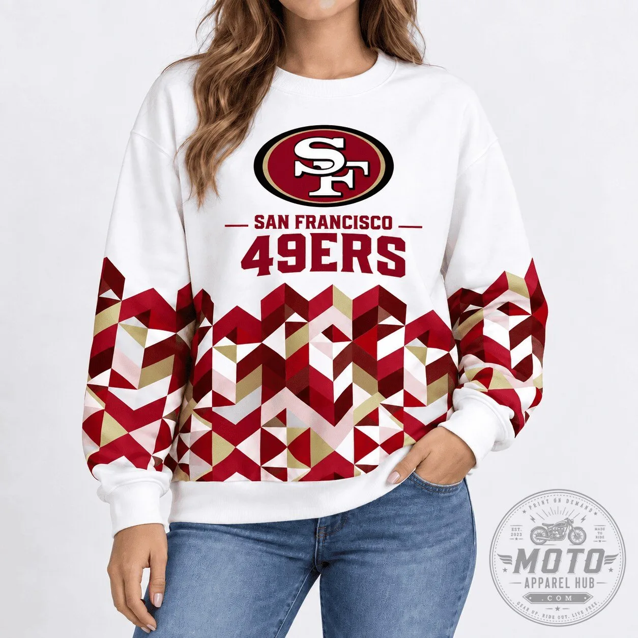 San Francisco 49ers NFL Geometric Chevron Pattern White Sweatshirt
