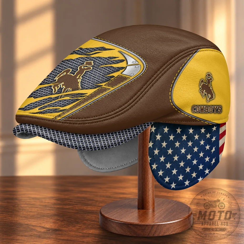 NCAA Flat Cap for Wyoming Cowboys with Versatile Foldable Ear Flaps NCAA Flat Cap for Wyoming Cowboys with Versatile Foldable Ear Flaps