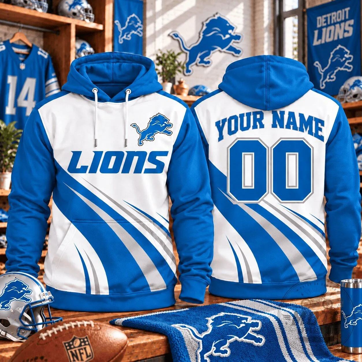 Detroit Lions NFL Custom Name and Number White and Blue Hoodie