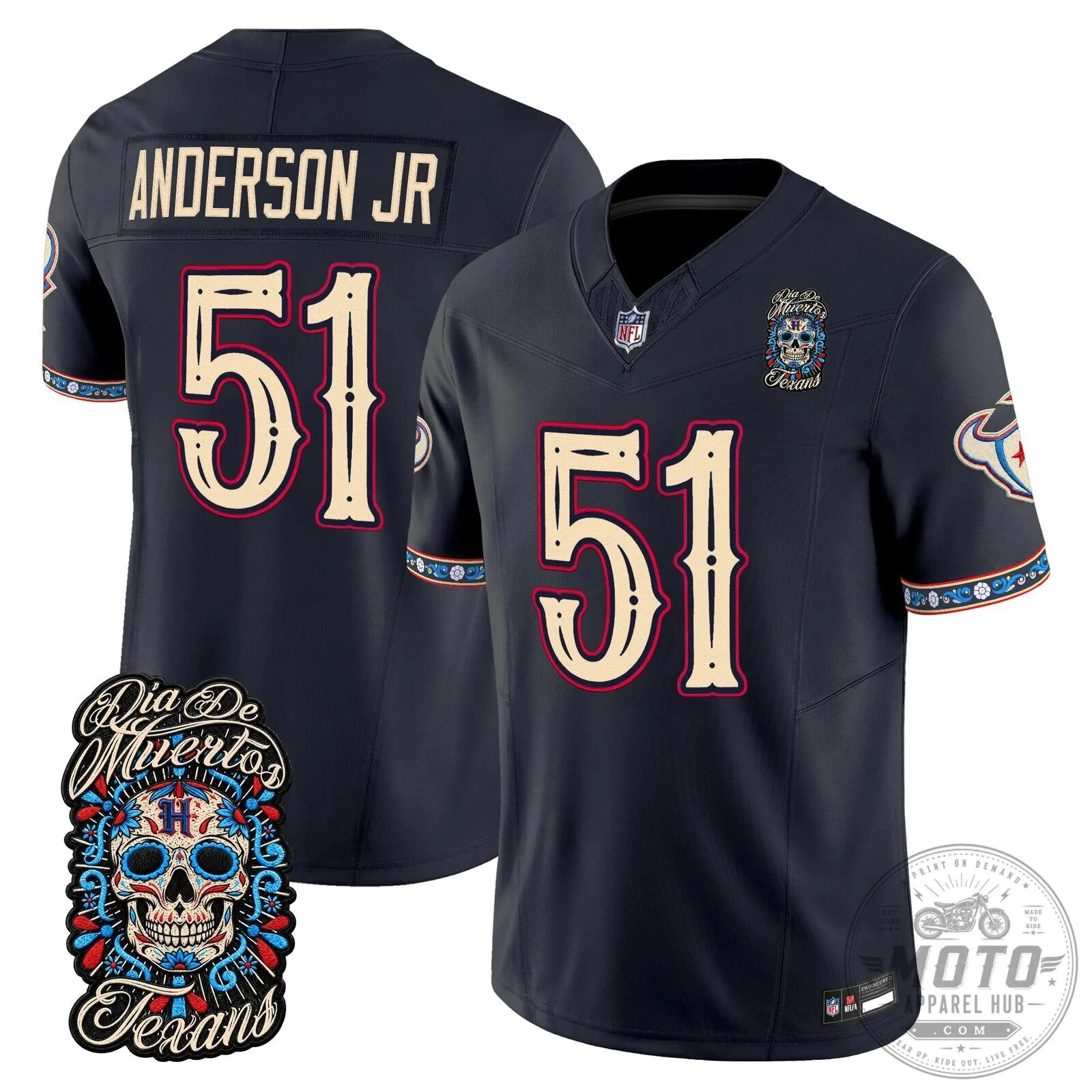 Houston Texans Dia de los Muertos Anderson Jr. Number 51 Football Jersey