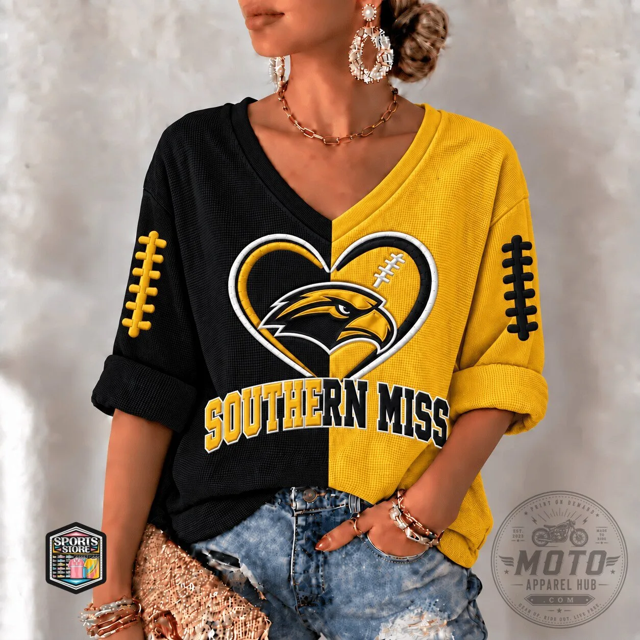 Southern Miss Golden Eagles Football Heart V-Neck Long-Sleeve Shirt