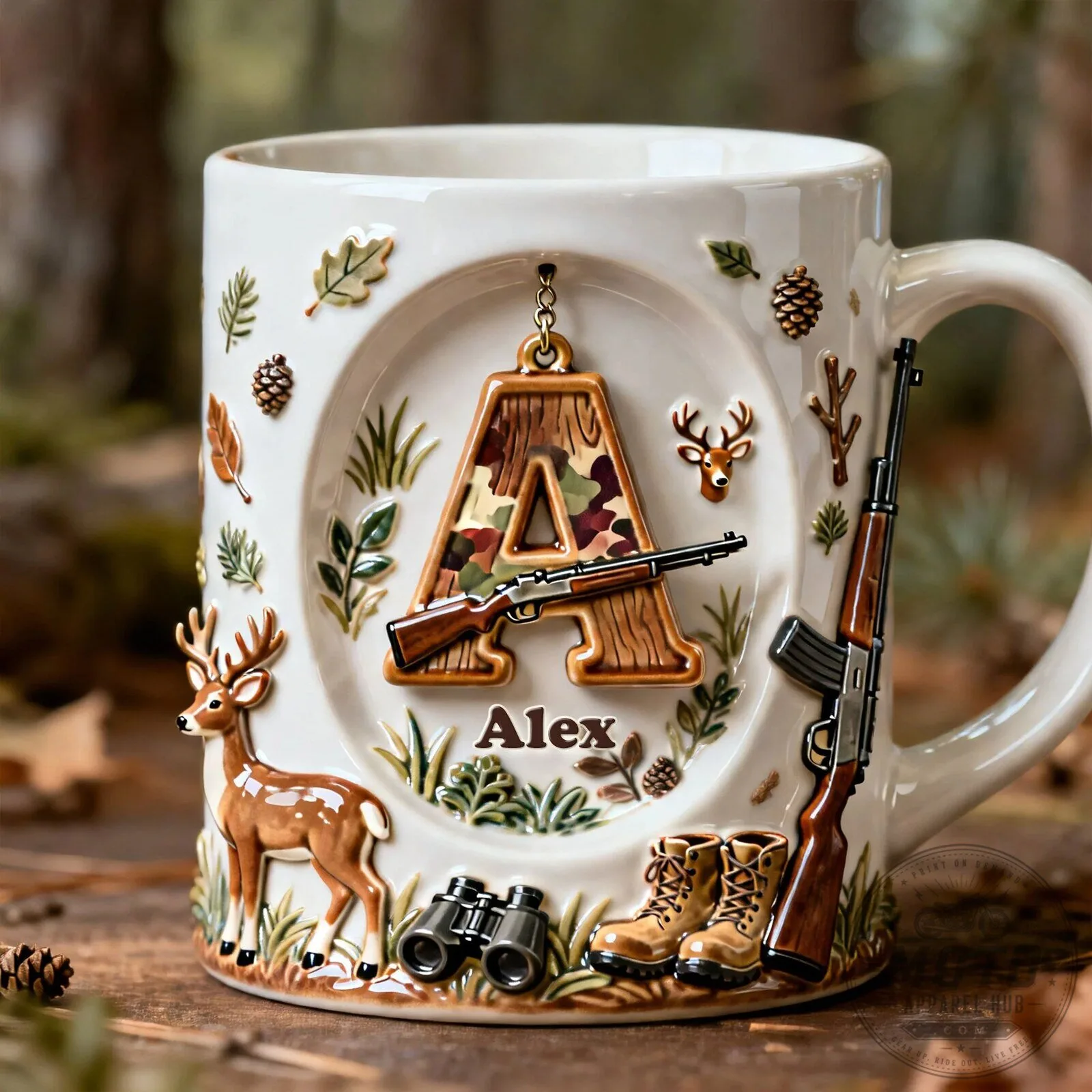 Personalized Hunting Initial Letter A Coffee Mug with Deer and Rifle Design