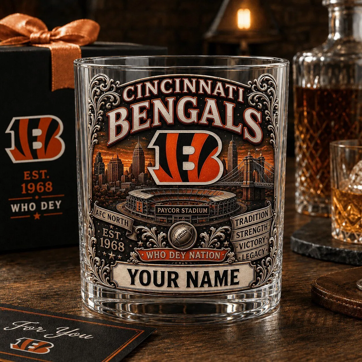 Cincinnati Bengals NFL Paycor Stadium Whiskey Glass, Personalized Football Fan Gift