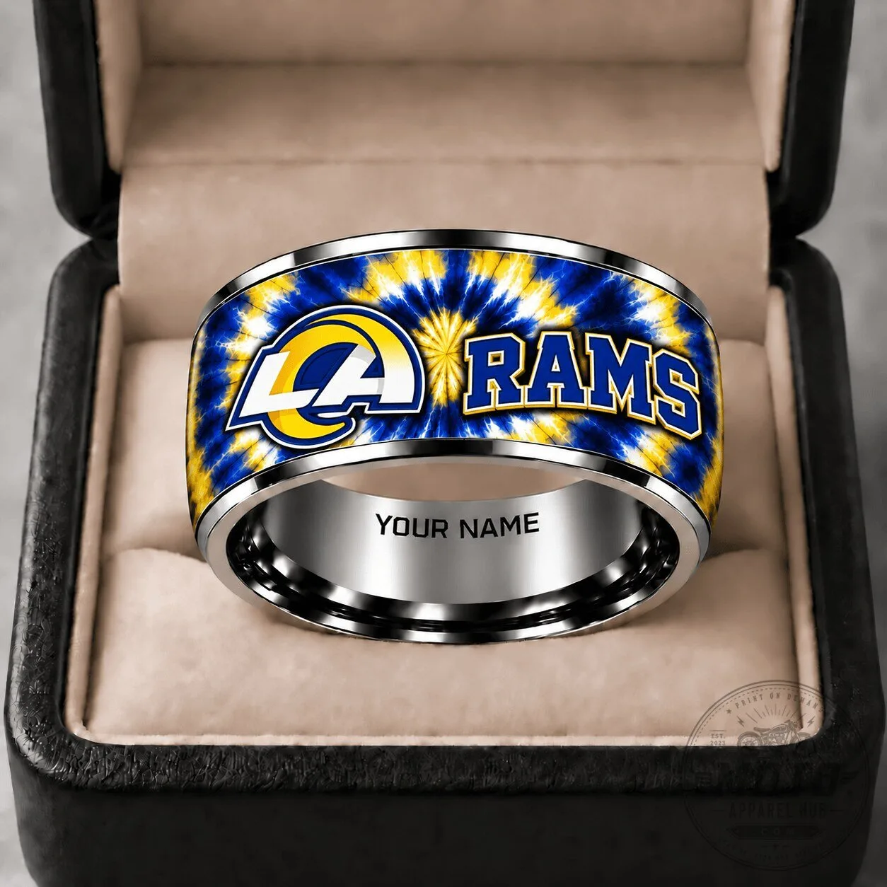 Los Angeles Rams Tie Dye Pattern Silver Tungsten Steel Engraved Ring
