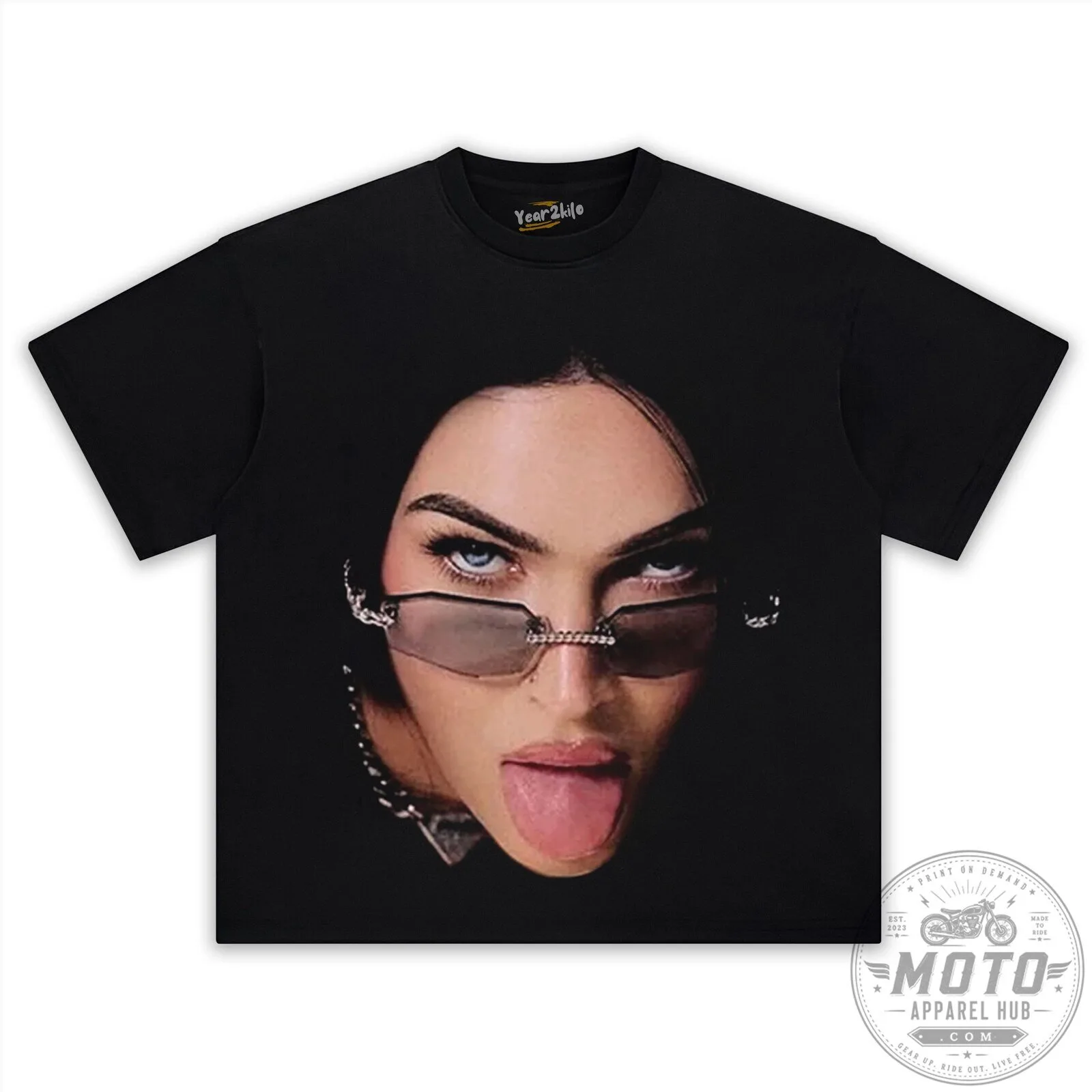 Megan Fox Iconic Tongue Out Pose Black Graphic T-Shirt