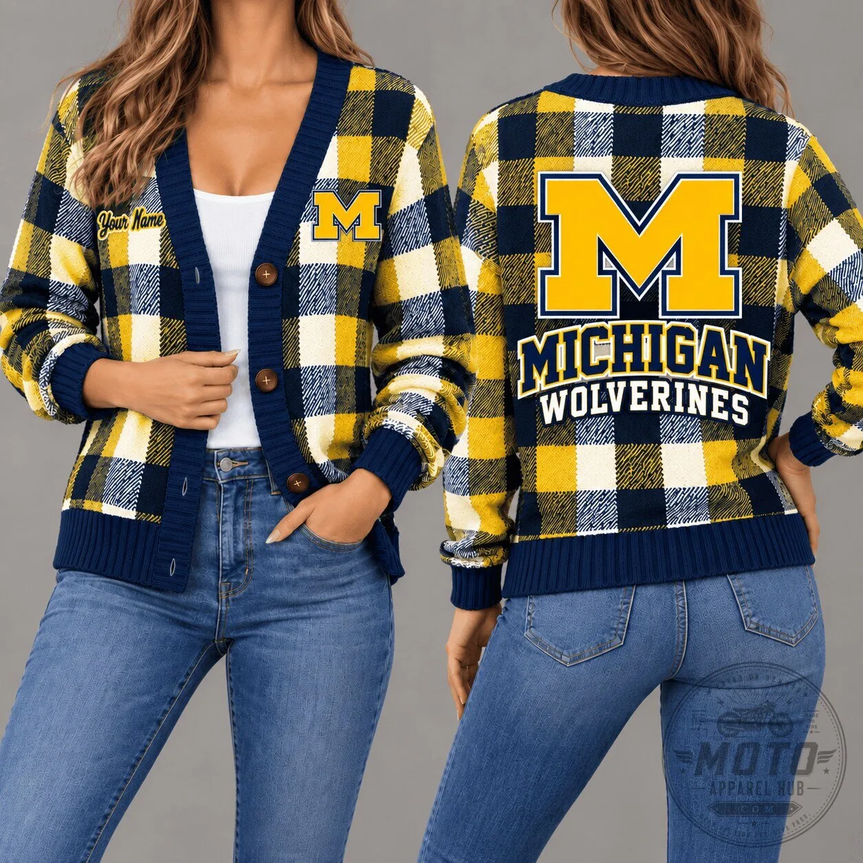 Michigan Wolverines Plaid Pattern Personalized Cardigan Sweater