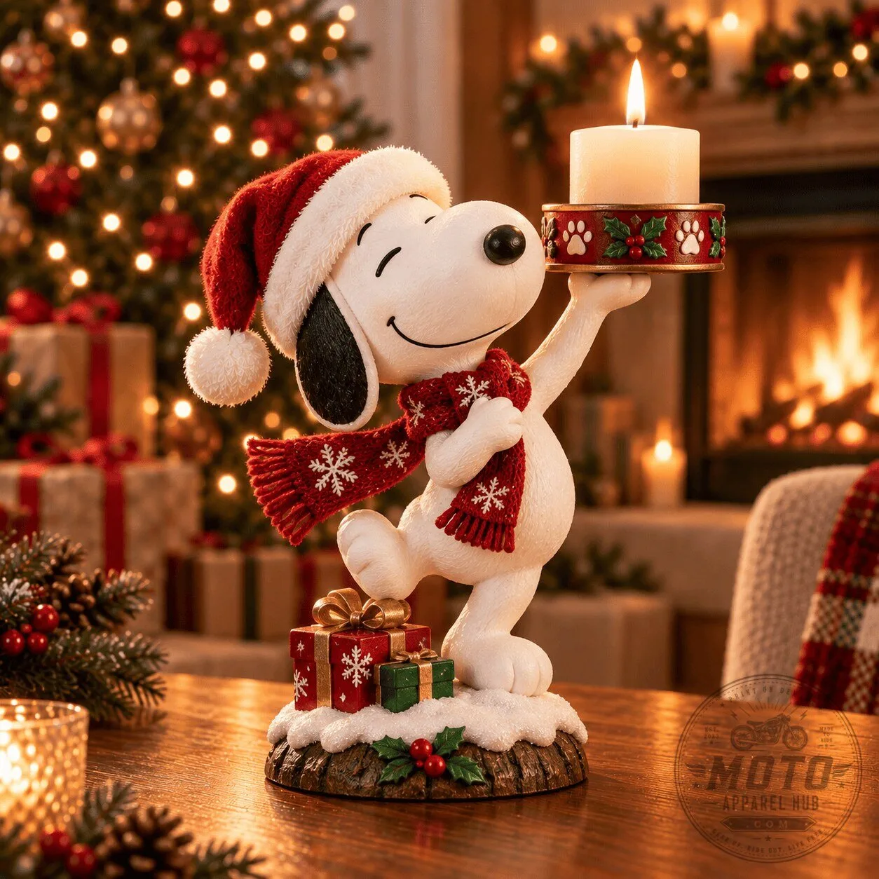Snoopy Christmas Holiday Figurine Candle Holder with Santa Hat and Scarf