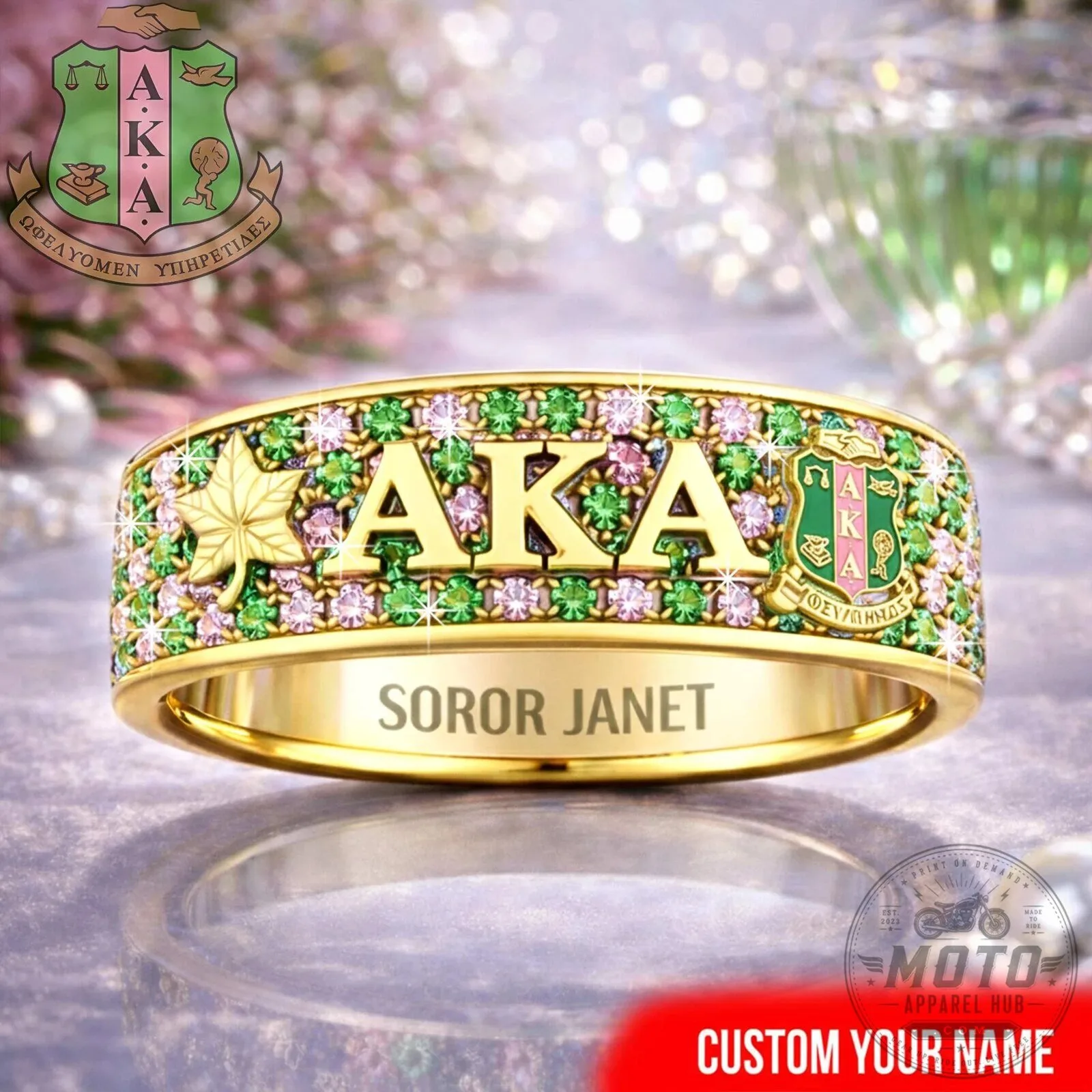 Alpha Kappa Alpha Sorority Inc. Personalized Gold Diamond Ring