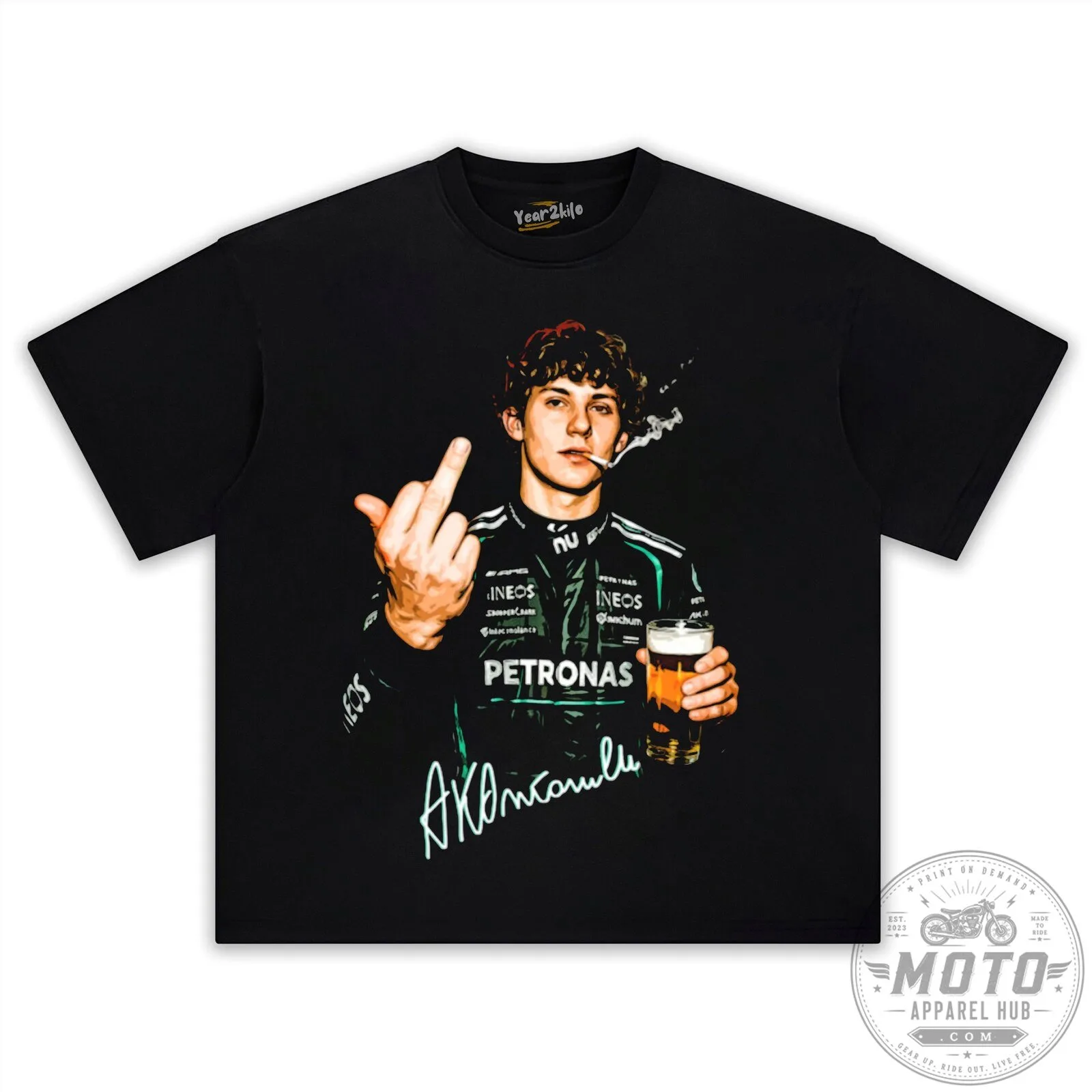 Black Graphic T-Shirt of Kimi Antonelli, Renowned Formula One Racer