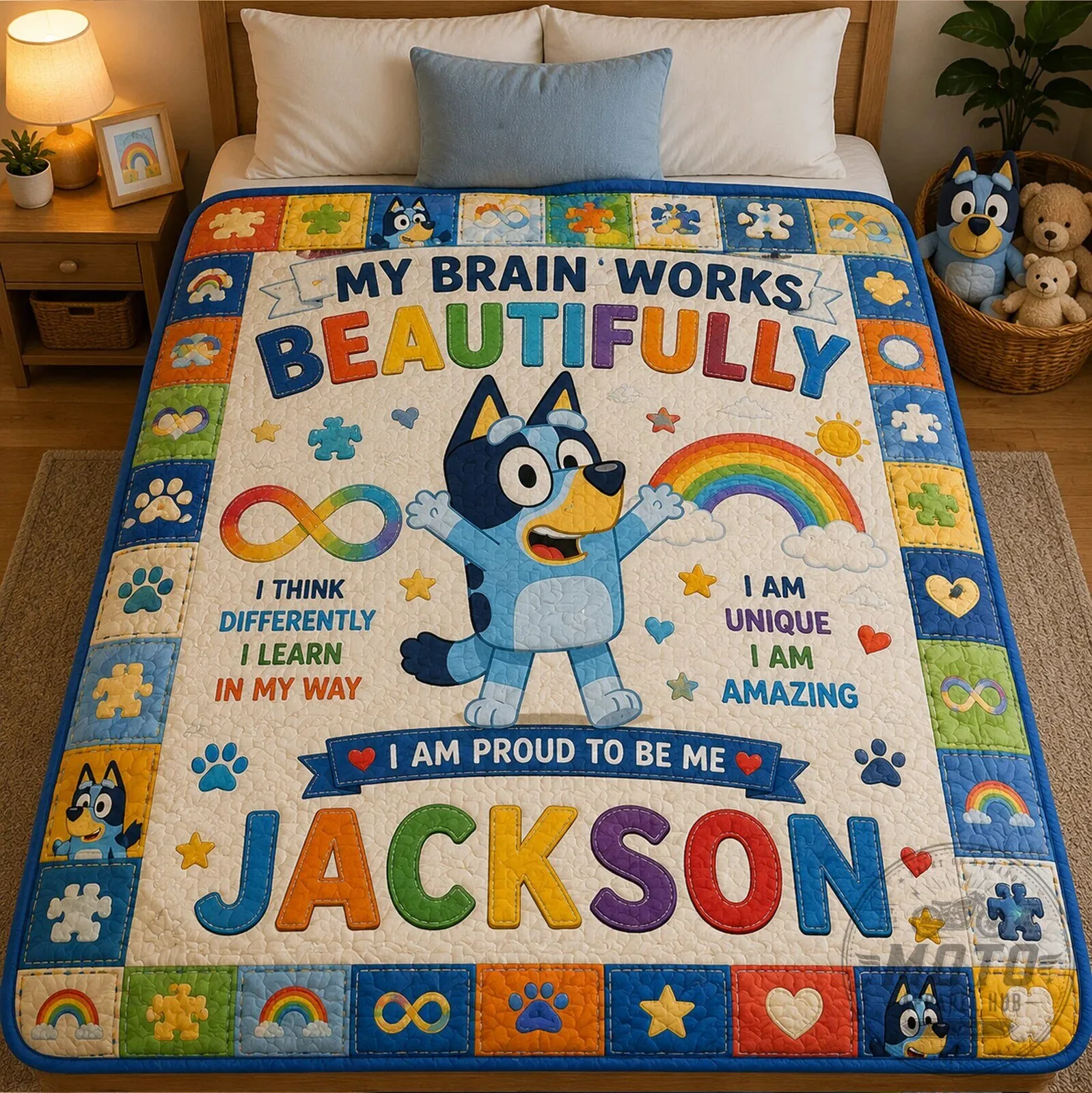 Bluey Autism Awareness Personalized Quilt Blanket for Kids with Custom Name