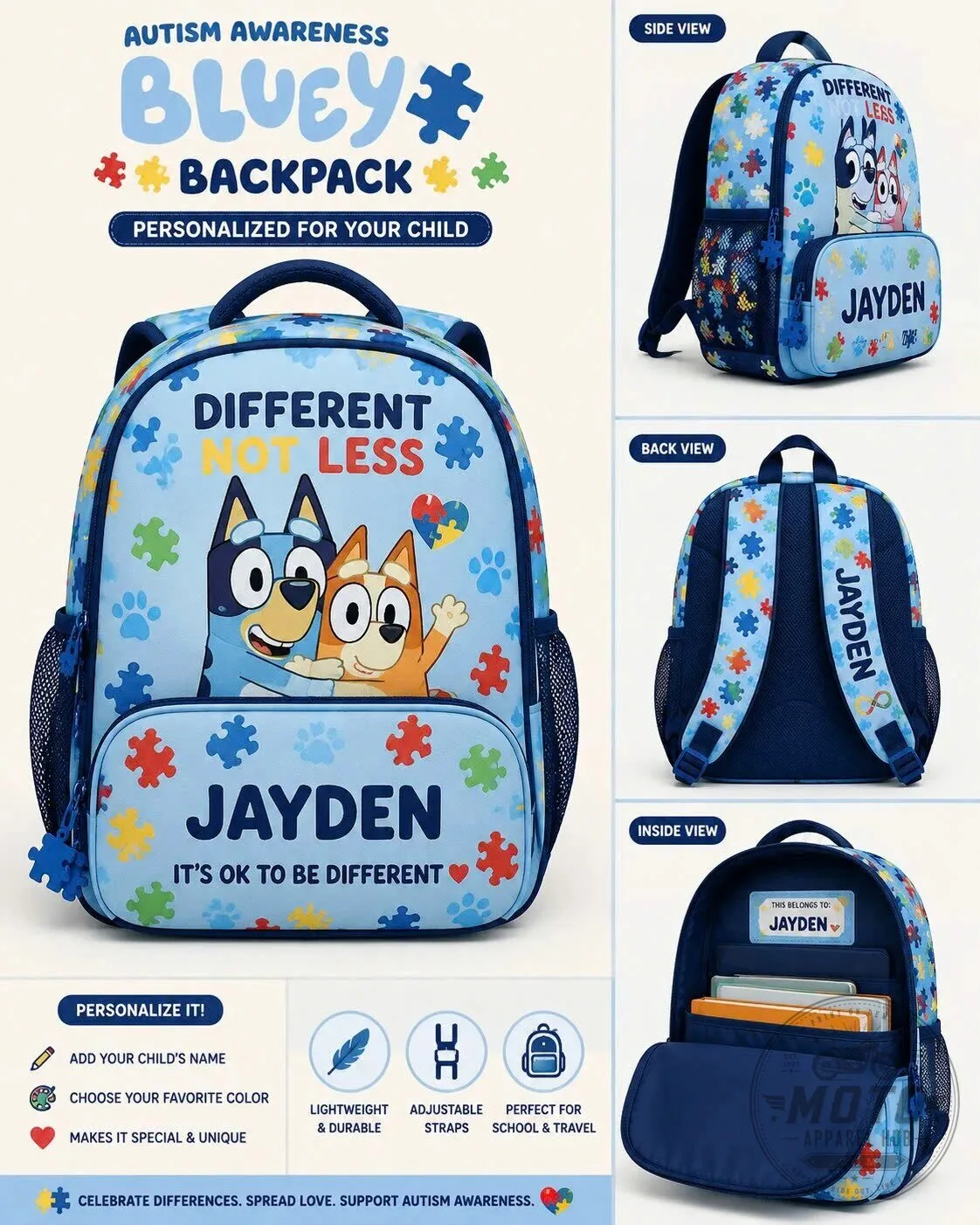 Bluey Autism Awareness Personalized Kids Backpack for School and Travel