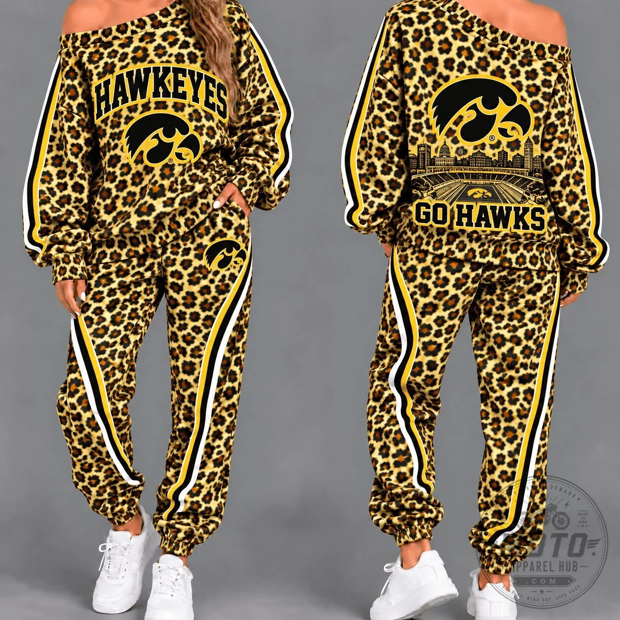 Iowa Hawkeyes Women's Leopard Print Off Shoulder Tracksuit Set