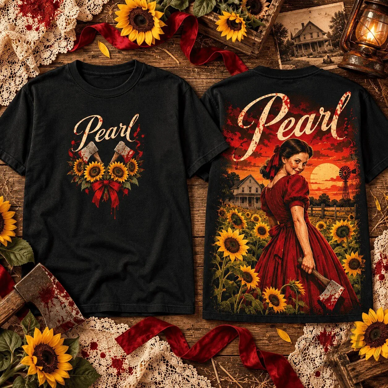 Pearl Horror Movie Sunflowers and Axes Bloody Farmhouse T-Shirt 2 Pearl Horror Movie Sunflowers and Axes Bloody Farmhouse T-Shirt
