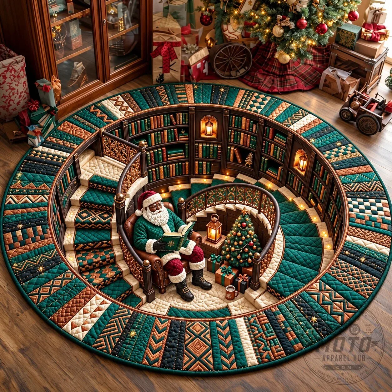 Melanin Santa Claus Spiral Quilted Round Rug