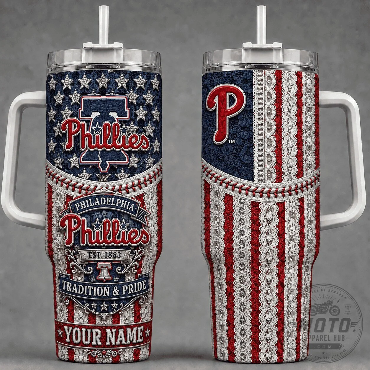 Philadelphia Phillies Baseball Team American Flag Lace Pattern Tumbler