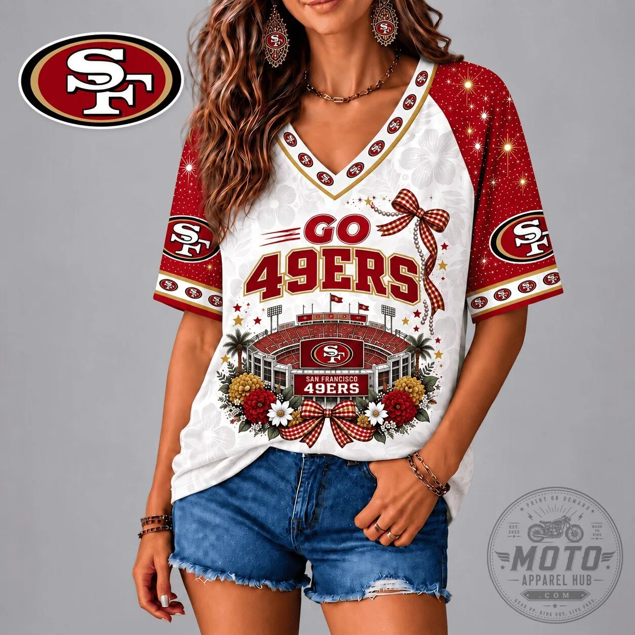 San Francisco 49ers Patriotic Floral Bow V-Neck Raglan Sleeve T-Shirt