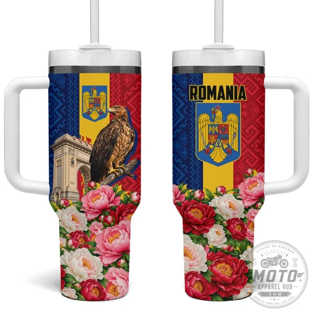 Romania Flag Eagle Arcul De Triumf Floral Peony Pattern Tumbler With Handle