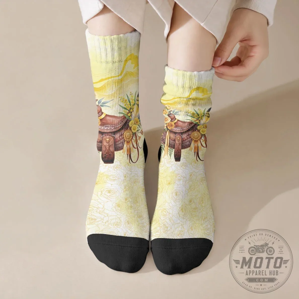 Yellow Rose and Wattle Flowers Horse Saddle Crew Socks for Women