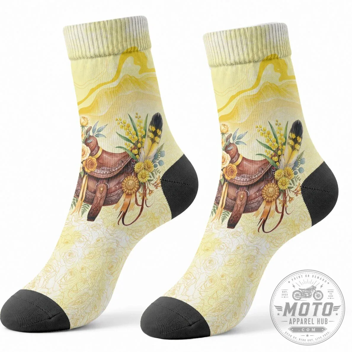 Yellow Rose and Wattle Flowers Horse Saddle Crew Socks for Women 8 Yellow Rose and Wattle Flowers Horse Saddle Crew Socks for Women