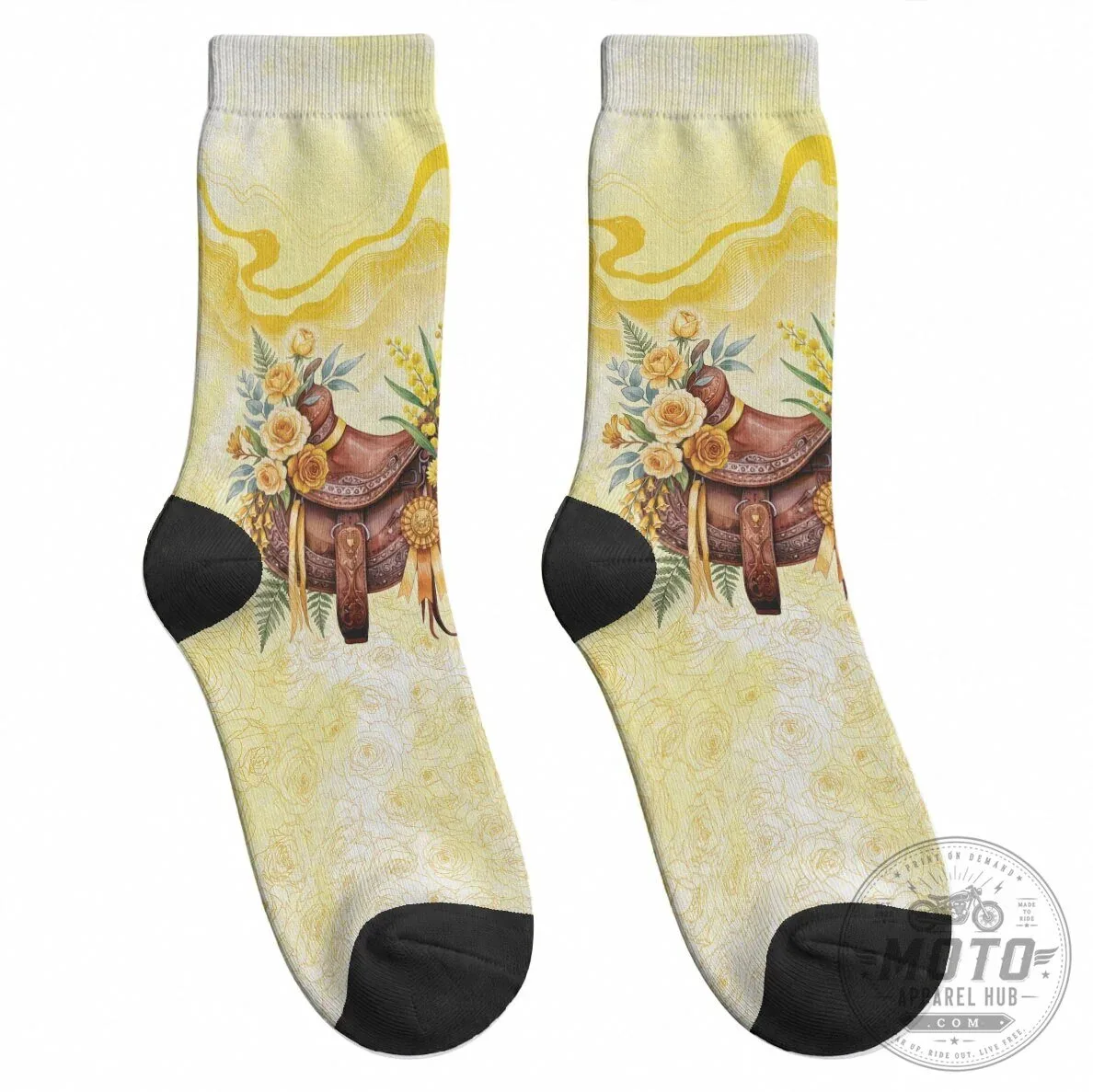 Yellow Rose and Wattle Flowers Horse Saddle Crew Socks for Women 9 Yellow Rose and Wattle Flowers Horse Saddle Crew Socks for Women